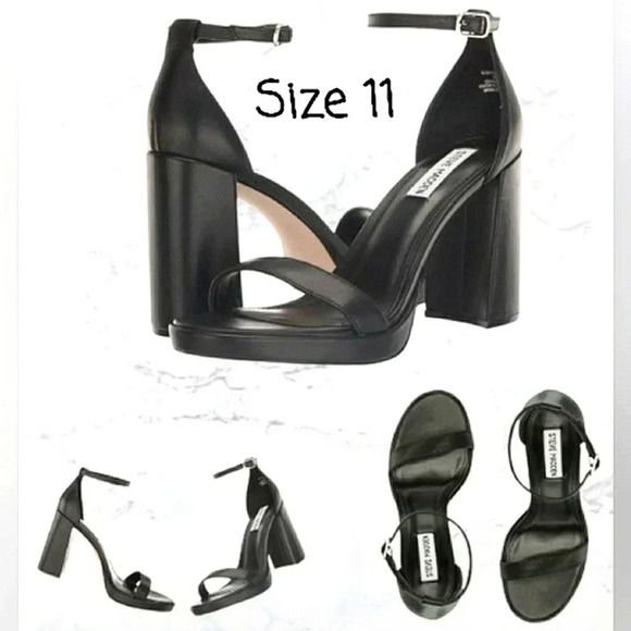 New Steve Madden 11 Block Heel Black Leather Events Modern Stylish Sandals - Picture 1 of 5